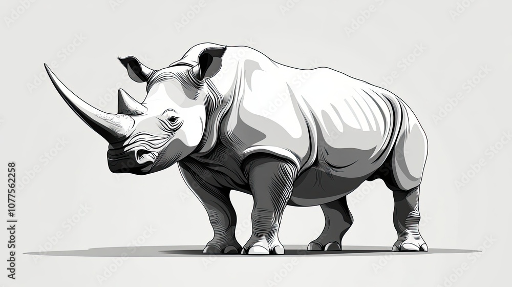 Fototapeta premium Black and White Line Art Illustration of a Rhinoceros