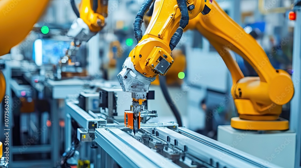 Yellow Robotic Arm Assembling a Metal Frame on a Conveyor Belt Yellow Robotic Arm Assembling a Metal Frame on a Conveyor Belt