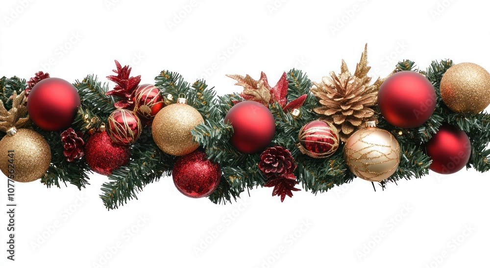 Christmas garland with red and gold baubles, berries, and pinecones on a white background. PNG transparent. Christmas garland with red and gold baubles, berries, and pinecones on a white background. PNG transparent.