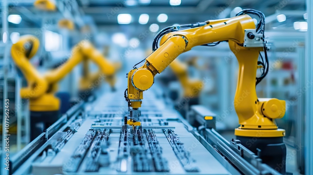Yellow Robotic Arm Working on a Conveyor Belt in a Factory Yellow Robotic Arm Working on a Conveyor Belt in a Factory