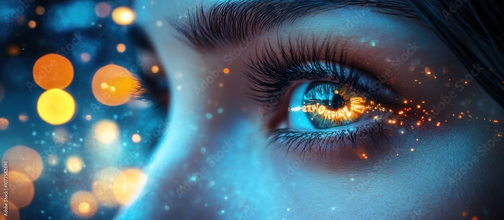Close-up of of eyes, reflecting neon signs and city lights, hinting at hidden emotions and curiosity, soft bokeh effect in the background with subtle sparks and light trails Close-up of of eyes, reflecting neon signs and city lights, hinting at hidden emotions and curiosity, soft bokeh effect in the background with subtle sparks and light trails