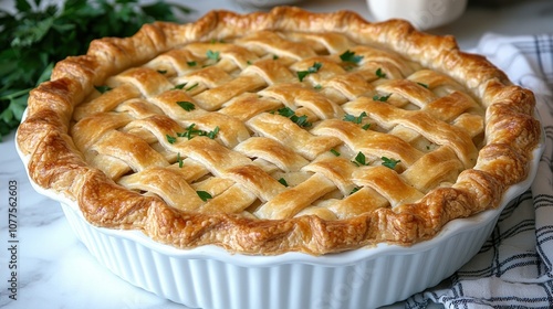 A golden brown, lattice-top pie in a white pie dish on a marble counter.