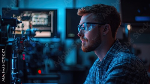 Man Wearing Safety Glasses Looking at a Microscope in a Lab