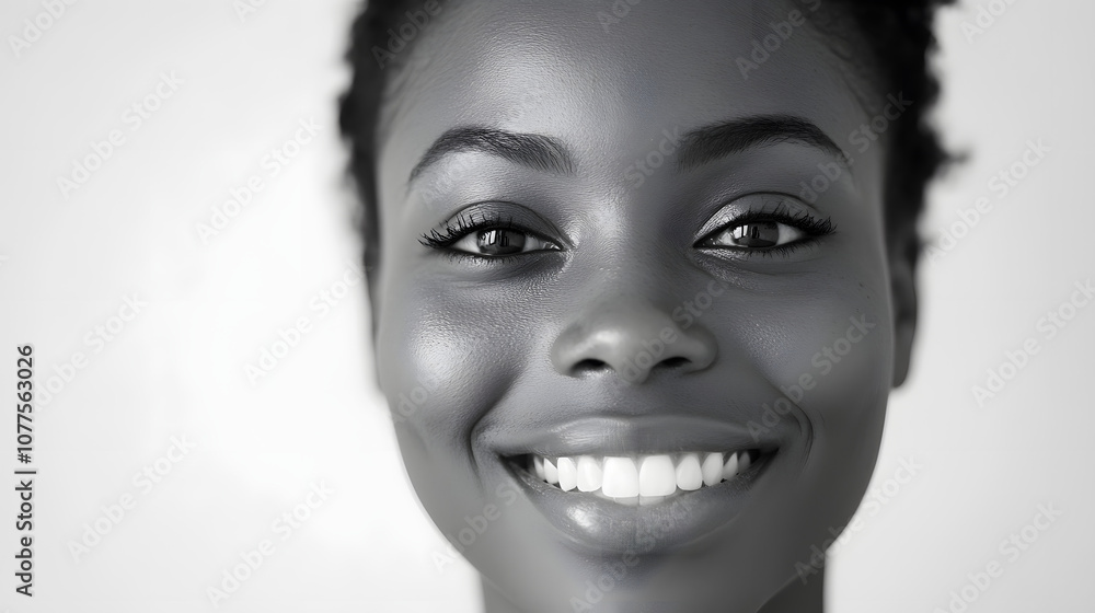 Warm Smile: Close-Up black and white Shot of a Woman Radiating Joy Against a Pure White Background Warm Smile: Close-Up black and white Shot of a Woman Radiating Joy Against a Pure White Background