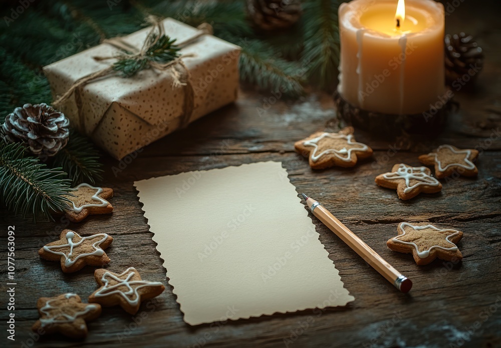 Christmas written letter with wish list with Dear Santa text. Xmas December tradition for kids and adults, cozy home decor, homemade gingerbread cookies, new year decoration, wooden rustic background Christmas written letter with wish list with Dear Santa text. Xmas December tradition for kids and adults, cozy home decor, homemade gingerbread cookies, new year decoration, wooden rustic background