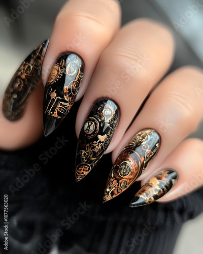 Fashionable black stiletto nails featuring intricate gold designs and patterns.