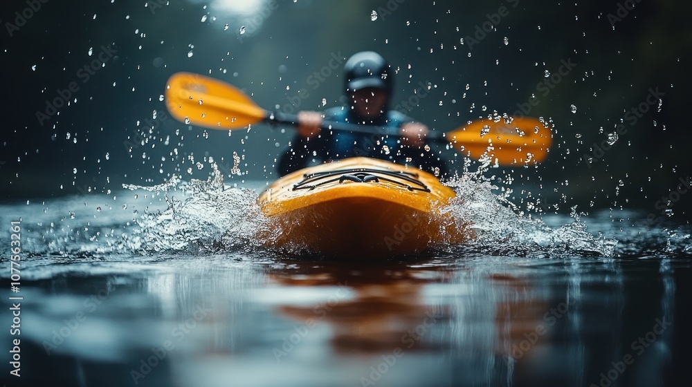 Fototapeta premium Kayaker navigating through water, creating splashes.