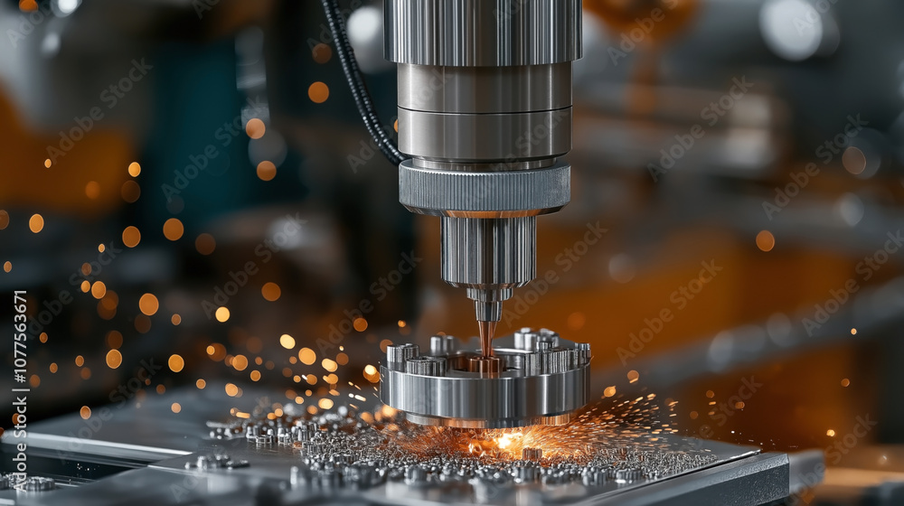 Close-up of a CNC machine tool during precision metal milling with sparks flying in a manufacturing setting, showcasing industrial technology and engineering processes. Close-up of a CNC machine tool during precision metal milling with sparks flying in a manufacturing setting, showcasing industrial technology and engineering processes.