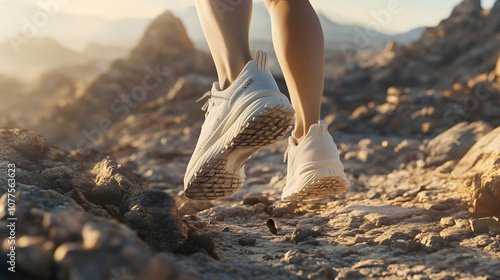 Athlete's Feet in Modern Sneakers Sprinting on a Parched Mountain Path