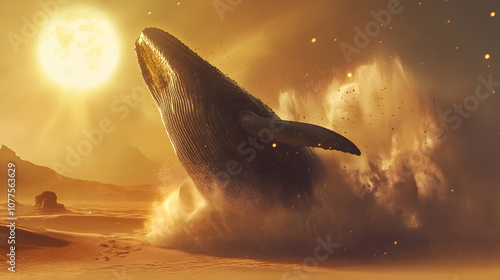 A Giant Whale Breaching the Surface of the Water, Creating a Dramatic Spray of Sand Above an Arid Desert Under Bright Golden Rays of the Sun