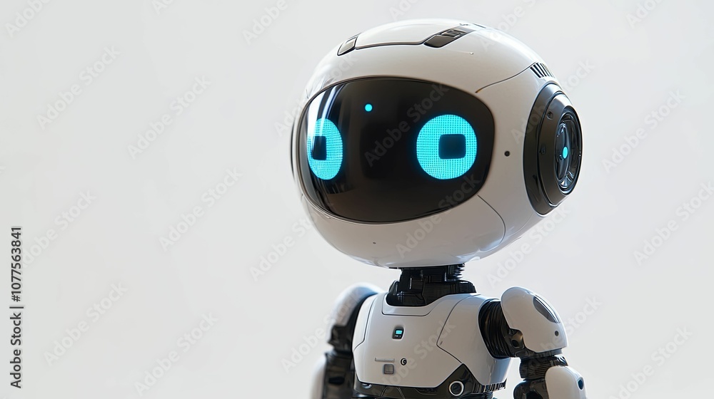 Close-up Portrait of a White Robot with Blue LED Eyes Close-up Portrait of a White Robot with Blue LED Eyes
