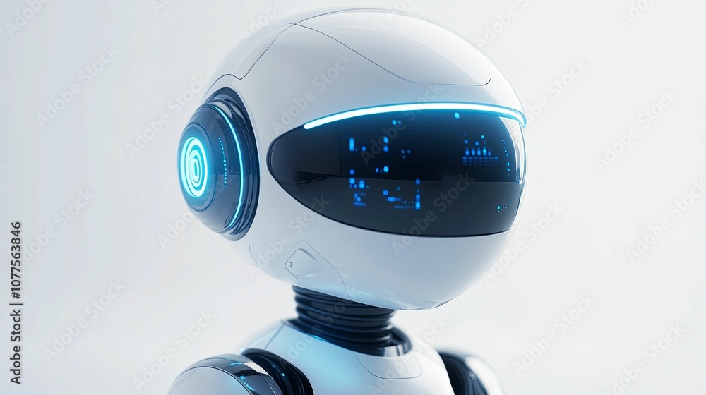 A White Robot Head with Glowing Blue Lights and a Digital Display A White Robot Head with Glowing Blue Lights and a Digital Display