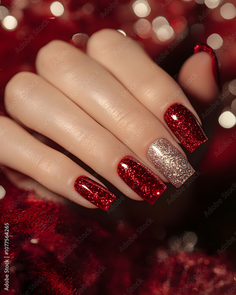 Close-up of a hand showcasing glamorous red and silver glitter nail art. Close-up of a hand showcasing glamorous red and silver glitter nail art.