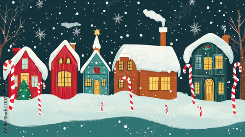 Wallpaper Mural Wishing you a happy holiday season! A festive scene with candy canes and cozy houses, perfect for your Christmas greetings. Torontodigital.ca