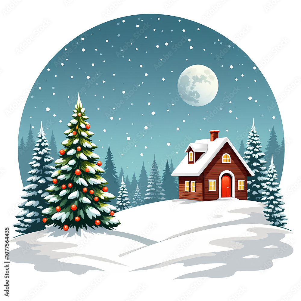 Illustration of a minimalistic Christmas scene showing a tree with ornaments and a cozy house in a snowy landscape. Transparent background. Illustration of a minimalistic Christmas scene showing a tree with ornaments and a cozy house in a snowy landscape. Transparent background.