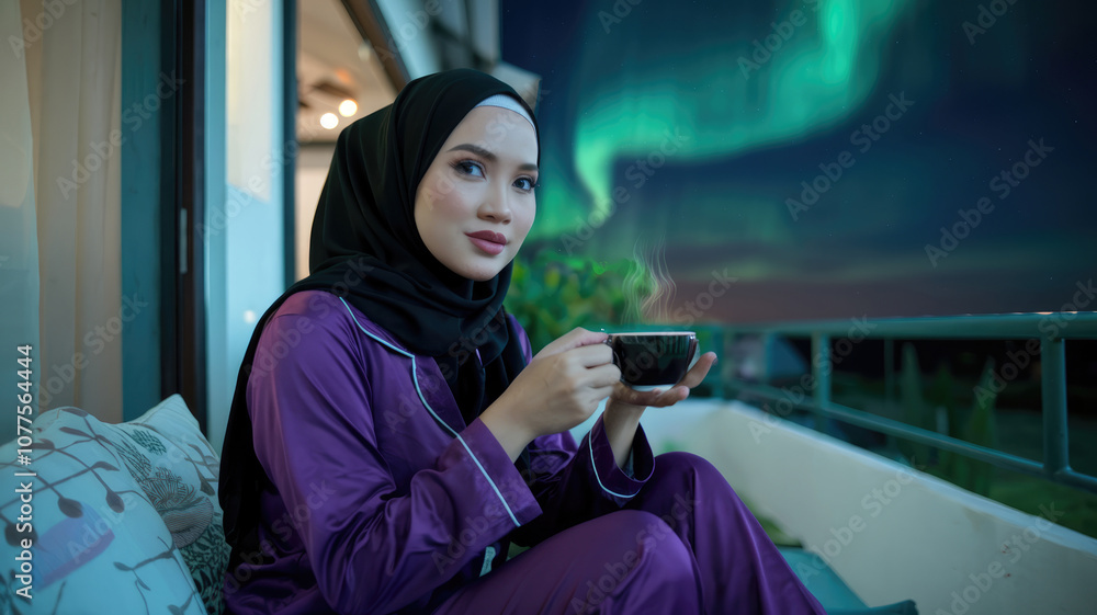 A woman in a purple robe is sitting on a balcony with a cup of coffee. The image has a calm and peaceful mood, as the woman is enjoying her coffee in a serene setting A woman in a purple robe is sitting on a balcony with a cup of coffee. The image has a calm and peaceful mood, as the woman is enjoying her coffee in a serene setting