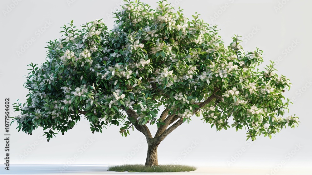 A Full, Green Tree with White Blossoms Against a White Background A Full, Green Tree with White Blossoms Against a White Background