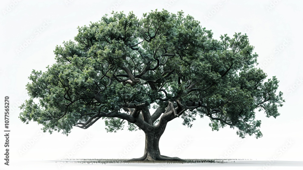 A solitary, large, green tree with gnarled branches against a white background A solitary, large, green tree with gnarled branches against a white background