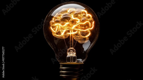 Creative light bulb with swirling brain-like design, representing new ideas, technology theme generative ai