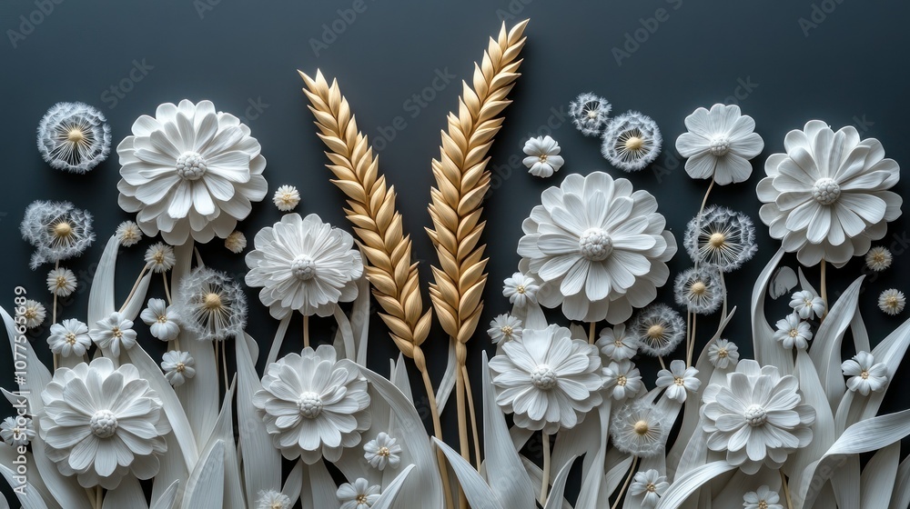 A 3D art of single stalk of wheat surrounded by blooming dandelions A 3D art of single stalk of wheat surrounded by blooming dandelions
