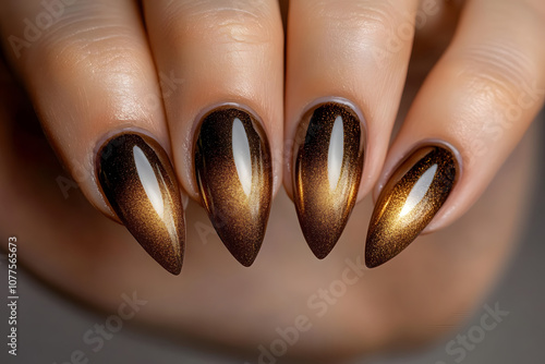 Close-up of stylish brown ombre nails exhibiting pointed tips and glossy finish.