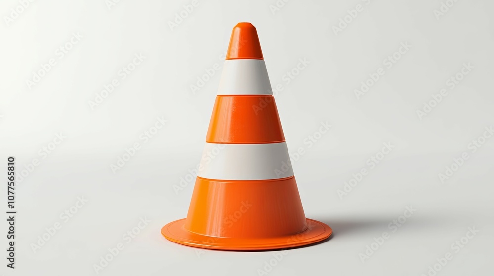Single orange traffic cone with white stripes on a white background Single orange traffic cone with white stripes on a white background