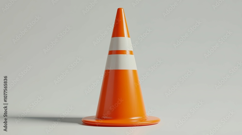 A Single Orange Traffic Cone with White Stripes on a Gray Background A Single Orange Traffic Cone with White Stripes on a Gray Background