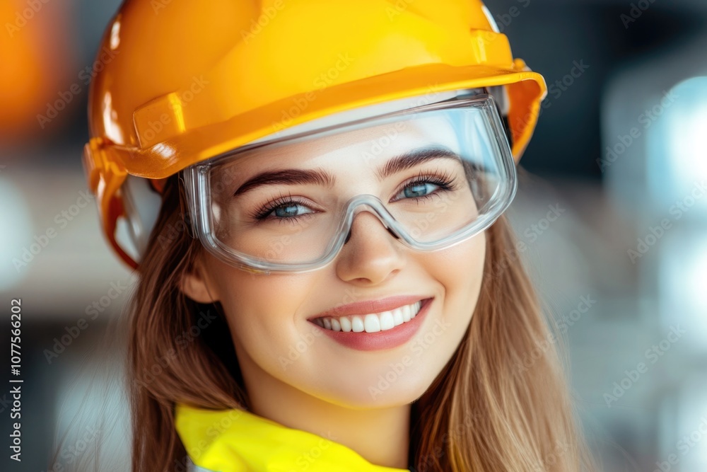 Smiling female engineer with safety gear in construction environment Smiling female engineer with safety gear in construction environment