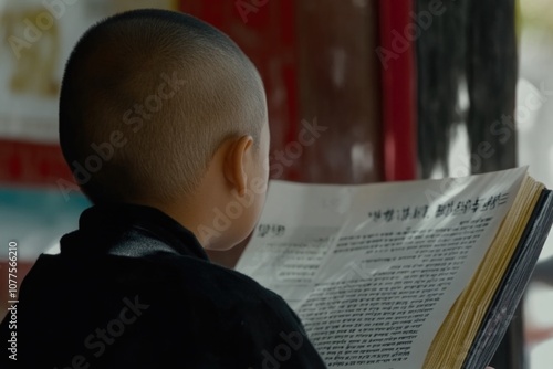 Young monk reading book in quiet temple setting