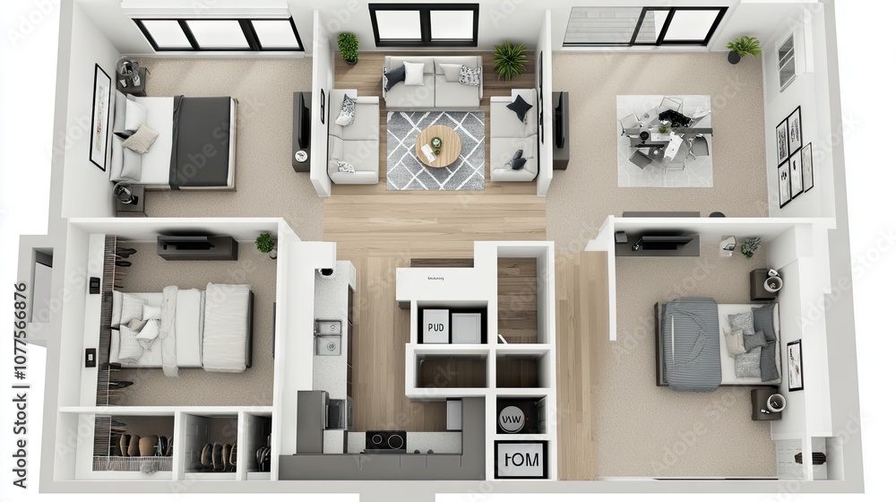 Modern Floor Plan of Stylish Apartment Featuring Open Living Space, Two Bedrooms, Two Bathrooms, and Contemporary Furnishings in a Bright Environment Modern Floor Plan of Stylish Apartment Featuring Open Living Space, Two Bedrooms, Two Bathrooms, and Contemporary Furnishings in a Bright Environment