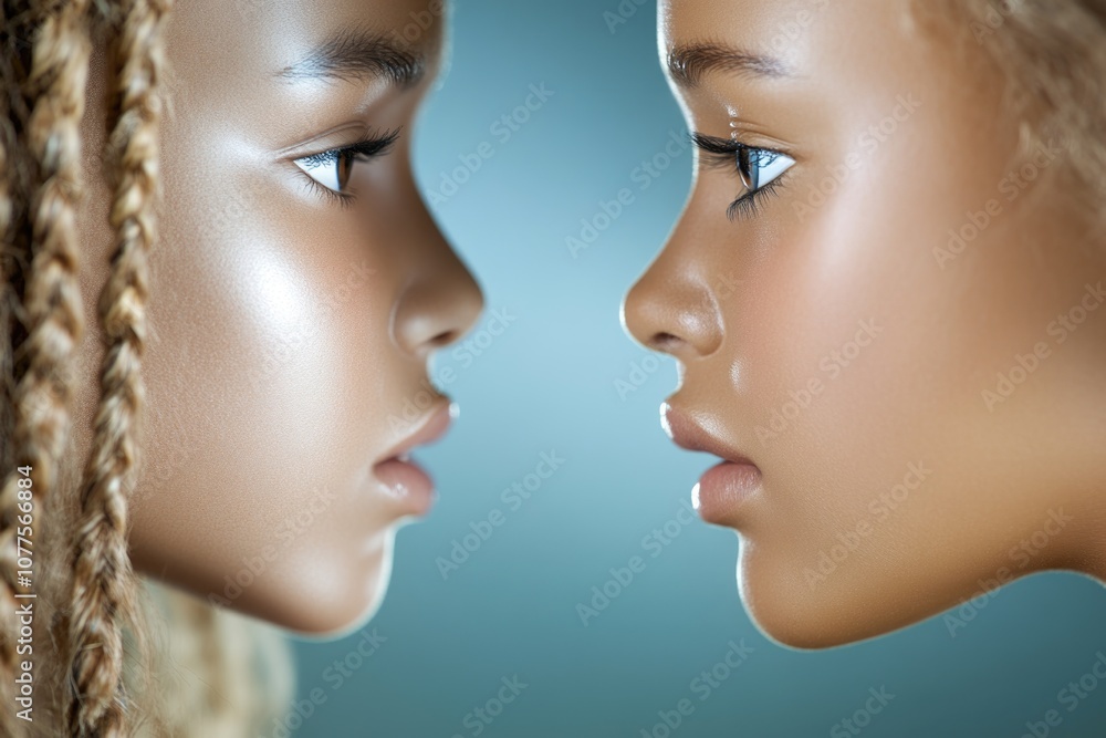Close-up of two faces with smooth skin and braided hair on blue background Close-up of two faces with smooth skin and braided hair on blue background