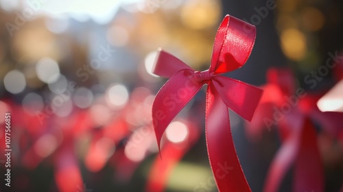 Red ribbons tied to a tree in a park, a symbol of remembrance and support.