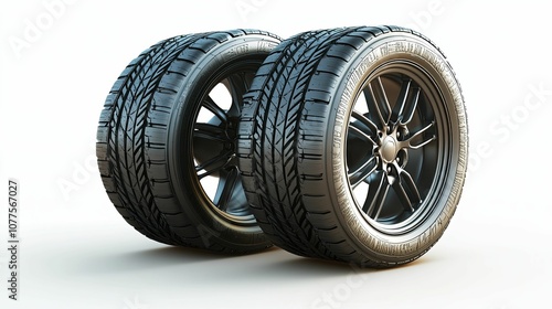 Two Black Tires with Spoke Wheels on White Background photo