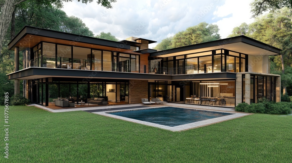 Modern Luxury Home Surrounded by Lush Green Trees with Large Glass Windows and an Inviting Swimming Pool for Outdoor Relaxation and Entertaining Modern Luxury Home Surrounded by Lush Green Trees with Large Glass Windows and an Inviting Swimming Pool for Outdoor Relaxation and Entertaining