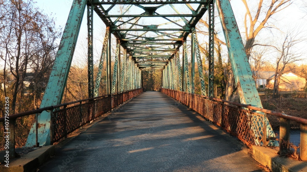Fototapeta premium Rusty, old steel bridge with a view down the road on a sunny day.