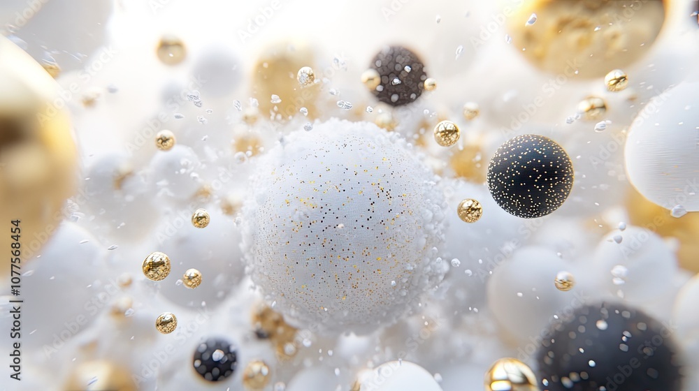 Abstract Composition of Floating Metallic and Glossy Balls in White Background with Sparkles for Use in Creative Design, Digital Art, and Backgrounds