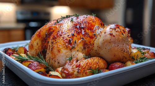 A roasted chicken with crispy skin, surrounded by roasted potatoes and rosemary.