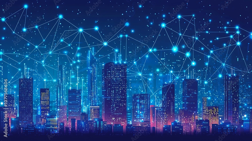 Fototapeta premium Futuristic infrastructure of a smart night city. Blue neon colors. Connection technology metaverse concept. Night city banner with big data. Device connection