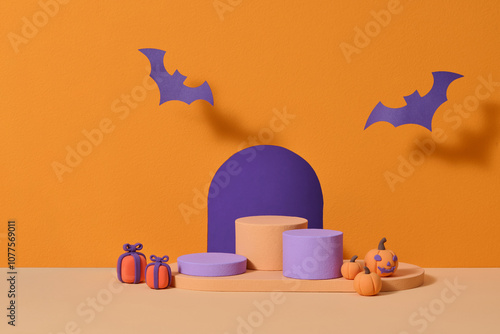 Halloween-Themed Abstract Display With Pumpkins and Bats