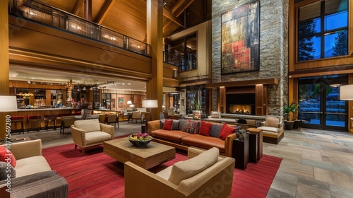 Modern and Cozy Hotel Lobby Featuring Contemporary Furniture, Warm Lighting, and Stone Accents, Perfect for Relaxation and Social Gatherings in an Upscale Setting