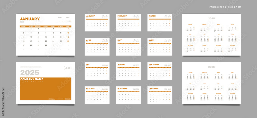 Set of 2025 Pages Monthly Calendar Planner Templates, Cover with Place for Photo, Company Logo, Annual. Design of Vector layout Calendar Pages size A4-21x29.7 cm in for print. Week start on Monday Set of 2025 Pages Monthly Calendar Planner Templates, Cover with Place for Photo, Company Logo, Annual. Design of Vector layout Calendar Pages size A4-21x29.7 cm in for print. Week start on Monday
