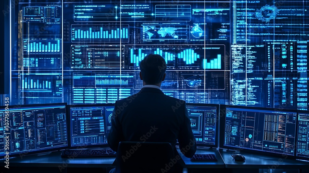 Business analysts use computers and dashboards for data business analysis and Data Management Systems with KPIs and metrics connected to the database for technology finance, operations, sales Business analysts use computers and dashboards for data business analysis and Data Management Systems with KPIs and metrics connected to the database for technology finance, operations, sales
