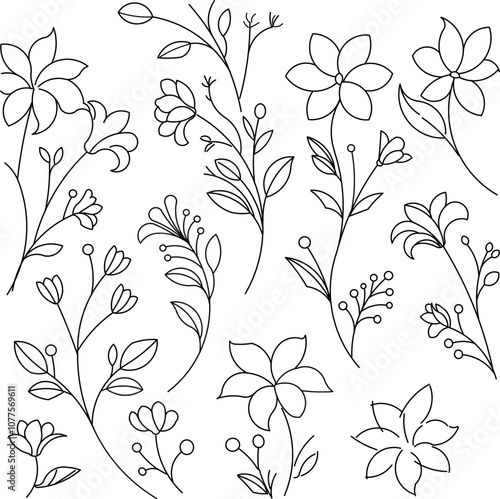 Elegant Hand-Drawn Floral Doodles | Botanical Outline Elements