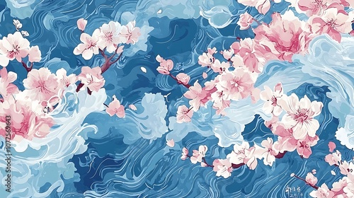 Fototapeta Naklejka Na Ścianę i Meble -  Vector illustration of a Japanese pattern isolated on a blue background. Watercolor texture. Oriental natural wavy pattern in vintage style