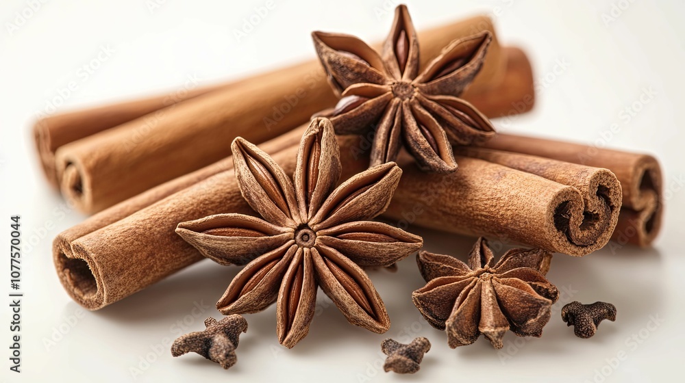Star Anise and Cinnamon Sticks on White Background Star Anise and Cinnamon Sticks on White Background