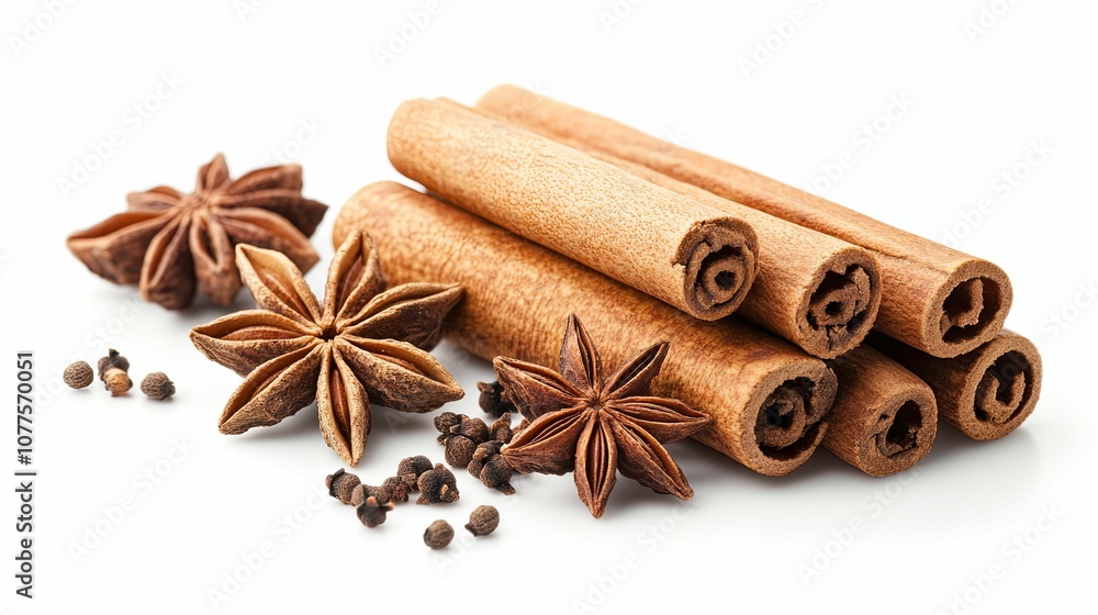 Cinnamon Sticks, Star Anise, and Black Peppercorns on a White Background Cinnamon Sticks, Star Anise, and Black Peppercorns on a White Background
