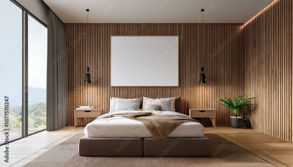 Blank poster mockup in cozy modern bedroom with wooden accents. 3D Rendering Blank poster mockup in cozy modern bedroom with wooden accents. 3D Rendering