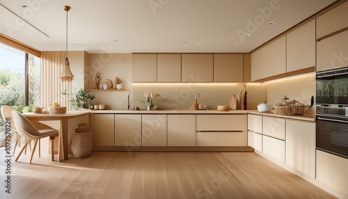 Beige modern home kitchen interior with cooking cabinet and kitchenware