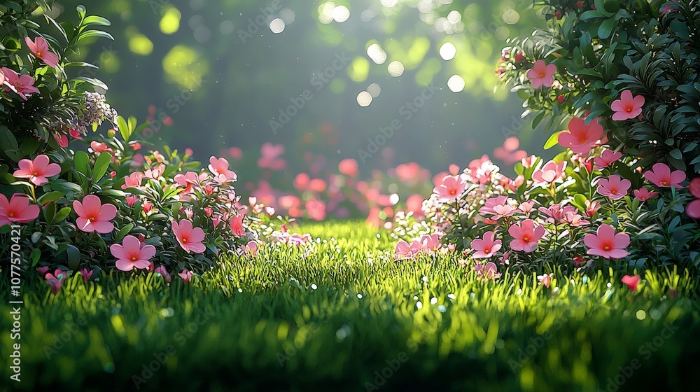 A serene garden scene with vibrant pink flowers and lush green grass illuminated by sunlight. A serene garden scene with vibrant pink flowers and lush green grass illuminated by sunlight.