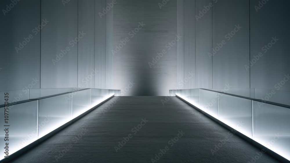 A long hallway with a glass railing and a lighted walkway. The hallway is empty and the lighted walkway is lit up A long hallway with a glass railing and a lighted walkway. The hallway is empty and the lighted walkway is lit up